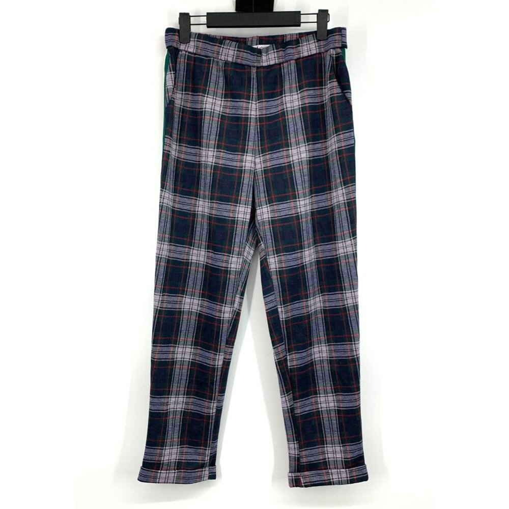 AF Studio Pants Plaid Green Tuxedo Stripe Straight Pull On Ankle